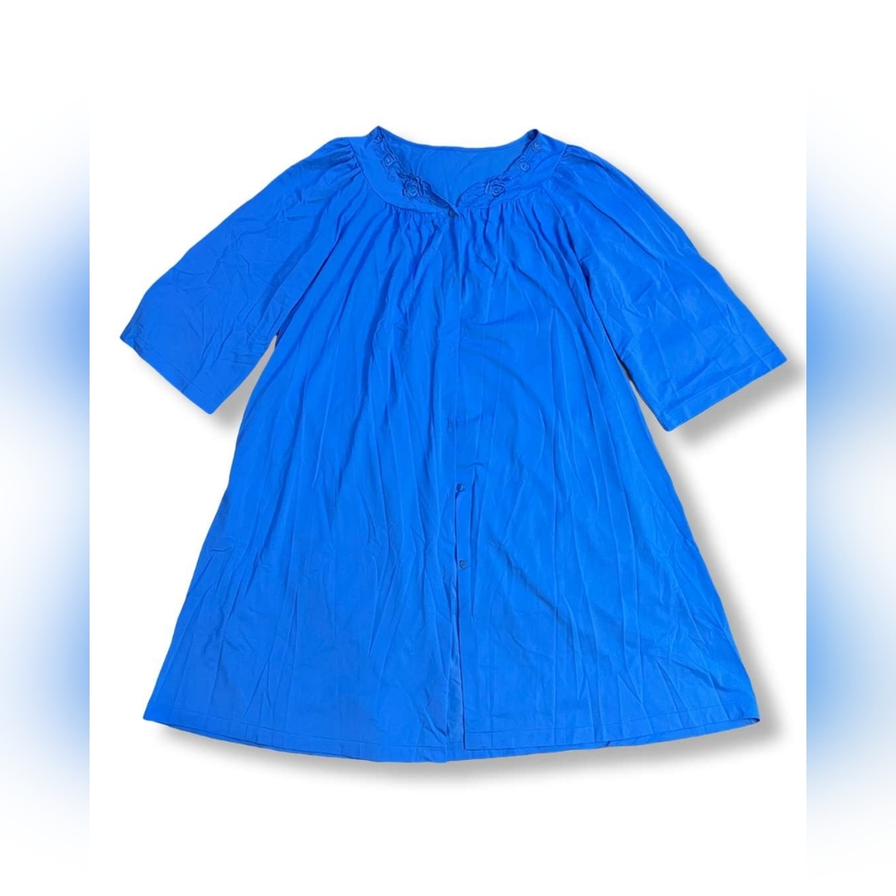 Blue Long Button-Down Faux Silk Embroidered Kneckline Slip Dress Nightgown